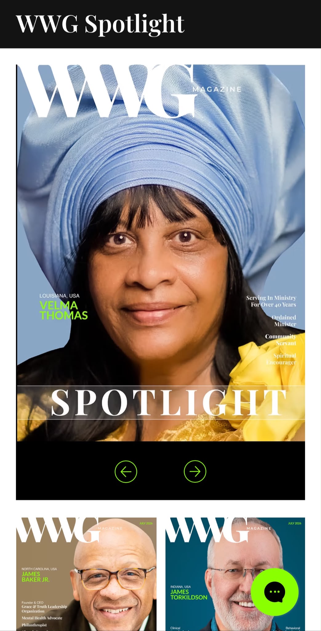 WWG Spotlight on mobile, a full-bleed cover with circular paging controls, above a two-up grid of further spotlight covers